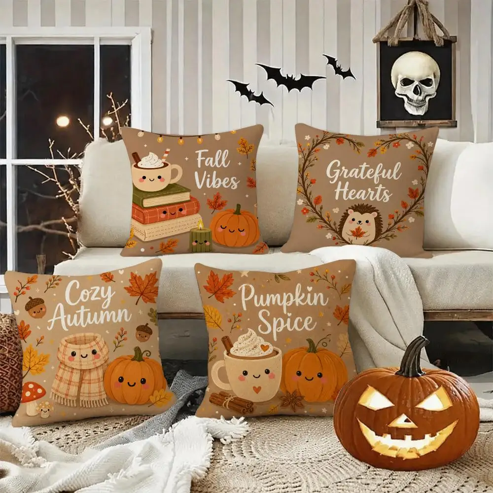 Cozy Fall Pumpkin Decor Cushion Cover Halloween decoration trick or treat cushion cover, ghost, pumpkin head, bat decoration