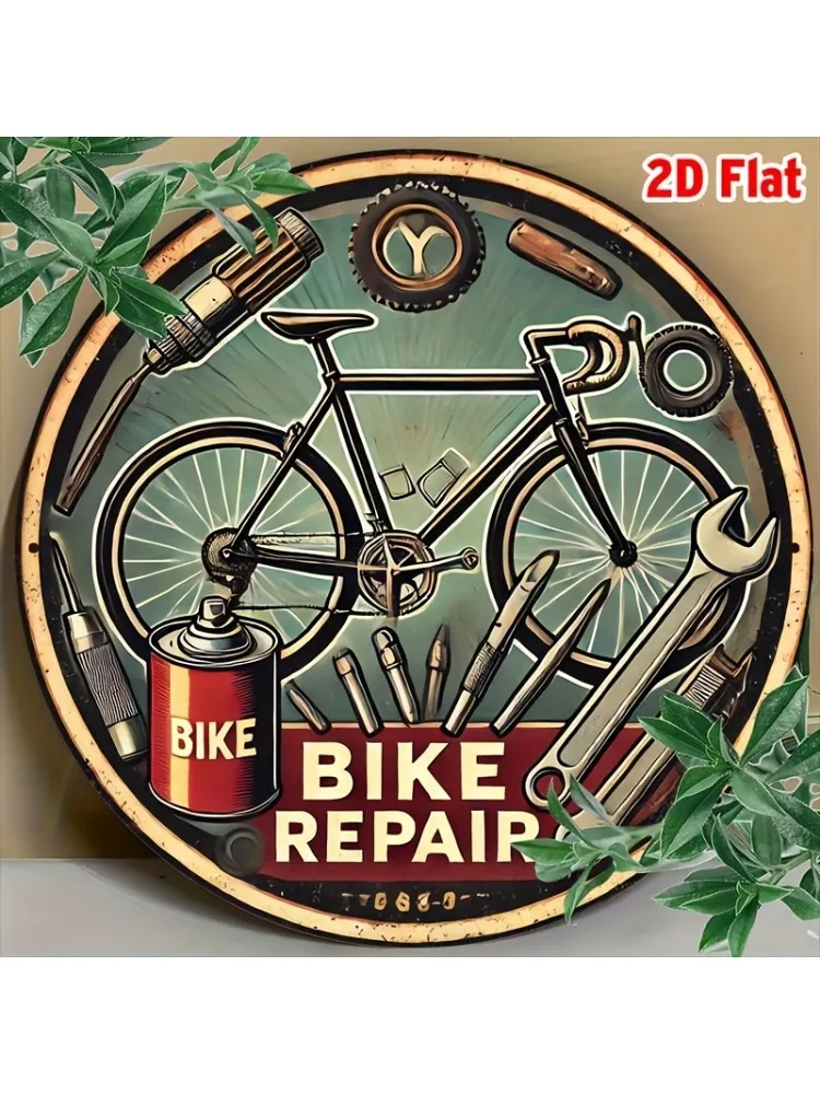 AliExpress Potdemiel 2D Flat, 2D Flat Round 1pc - Vintage Bicycle Repair 8" Aluminum Sign - Wall Decor with Tools & Parts Design, Classic Style for H