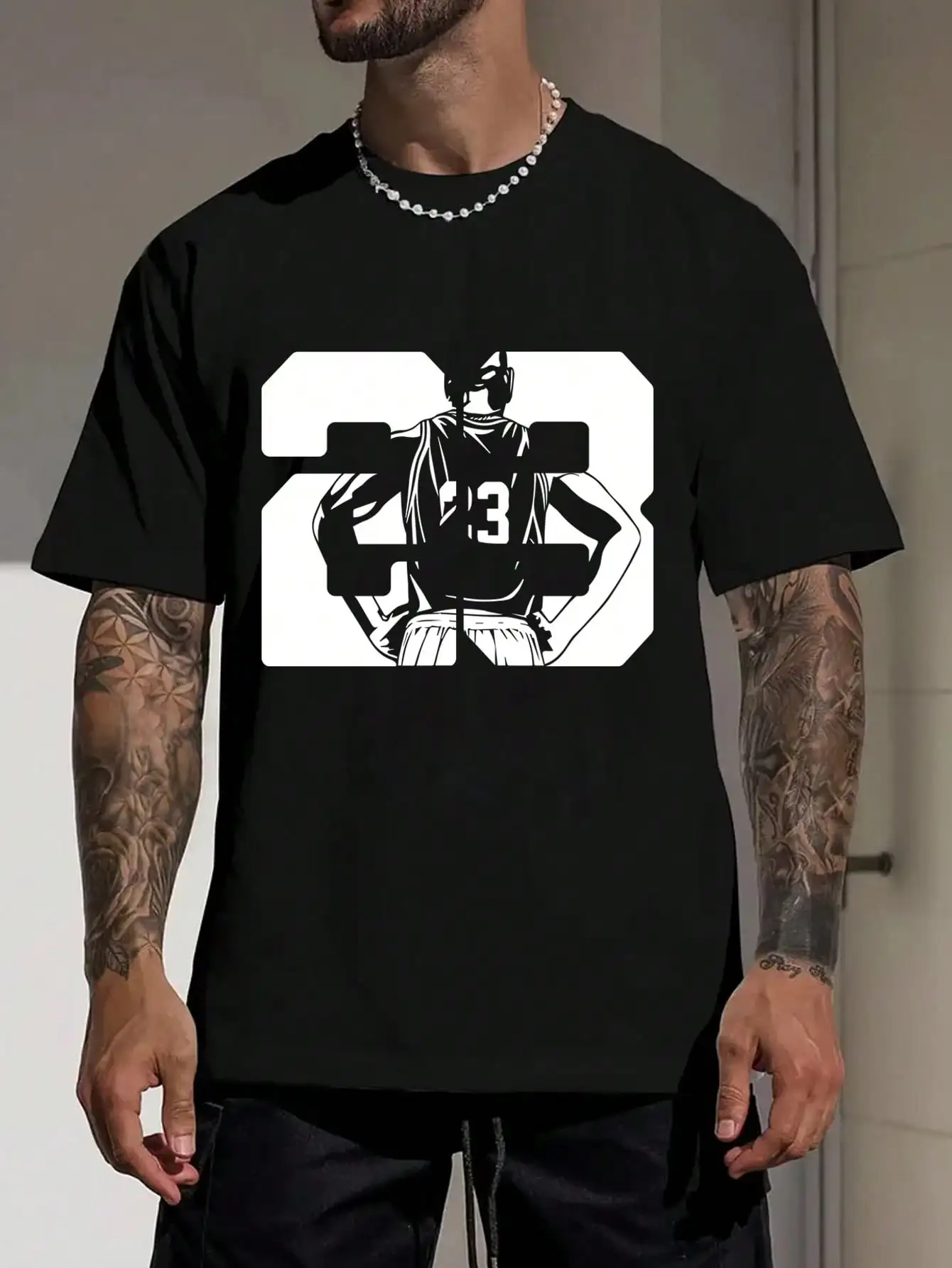

FPACE Men Summer Round Neck Short Sleeve T-Shirt With Number 23 And Back Of Basketball Player Patterns Printed