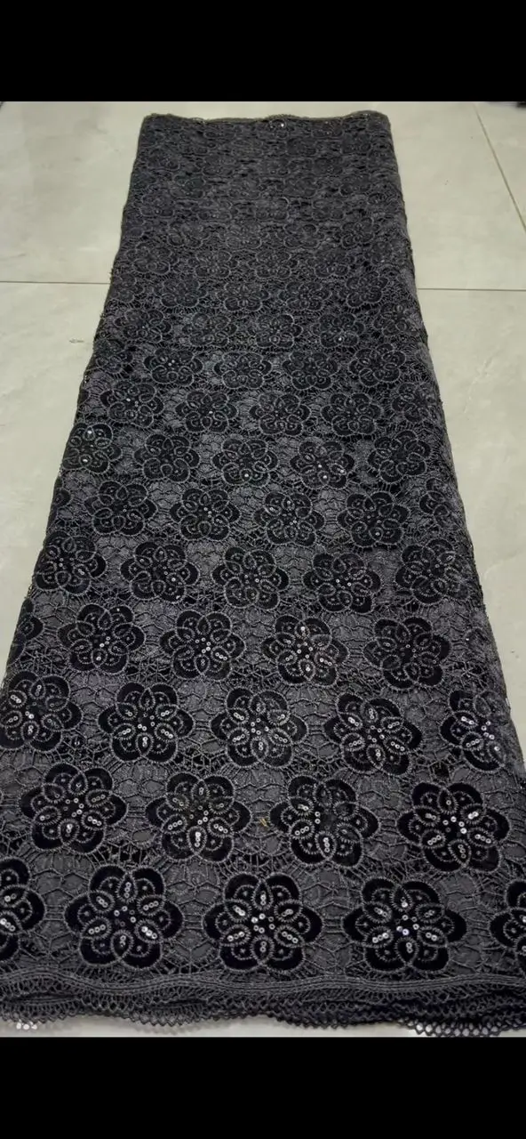 Newest Black Water Soluble Fabric African Guipure Cord Lace Nigerian Velvet Lace Fabric 5 Yards for Women's Dresses Sewing