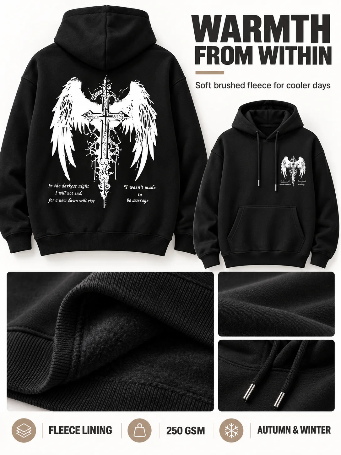 Men's Halloween Pullover Hoodie, Winged Cross & Quote Graphic, Gothic Streetwear, Fall Winter, Drawstring Hood