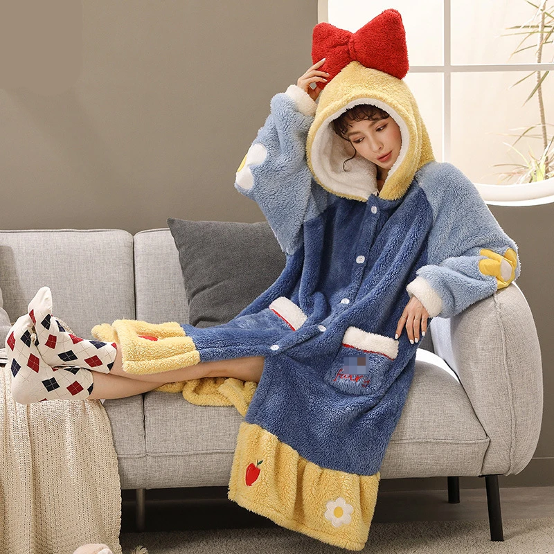 Winter Thicken Nightgown Pajamas Set Warm Flannel Long Sleeve Cartoon Sleepwear Cosplay Women Plush Anime Pijamas Sleeping Dress