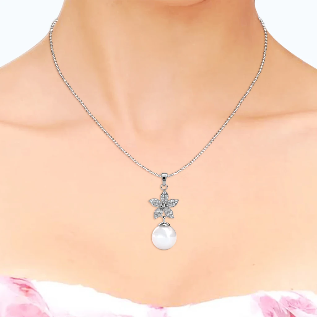 Daisini 925 Sterling Silver Flower Pearl Pendant Necklace Embellished with Swarovski Crystals Jewelry for Women Birthday Gifts