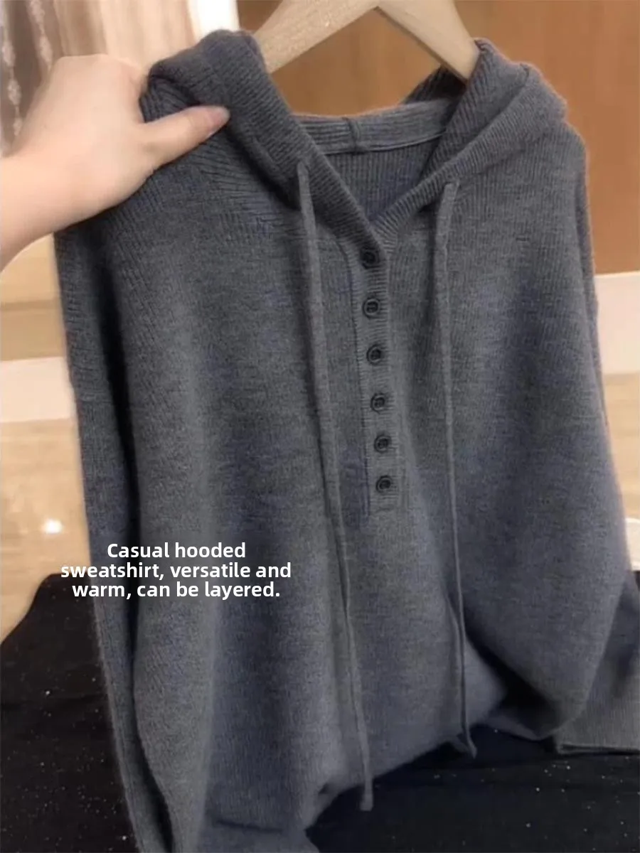 Fashionable Winter Long Sleeve Knitted Base Shirt Pure Color Hooded Top Wool Blend Versatile Women's Sweater Commute Style Lo...