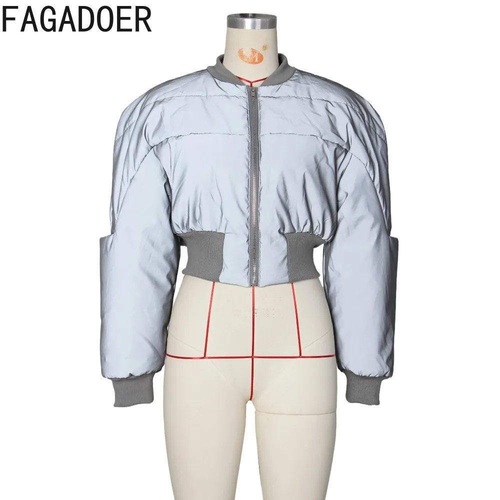 FAGADOER Light Reflecting Women Winter Warm Bread Parka Jacket Women Zipper Long Sleeve Crop Cotton Clothing Casual Coats 2023