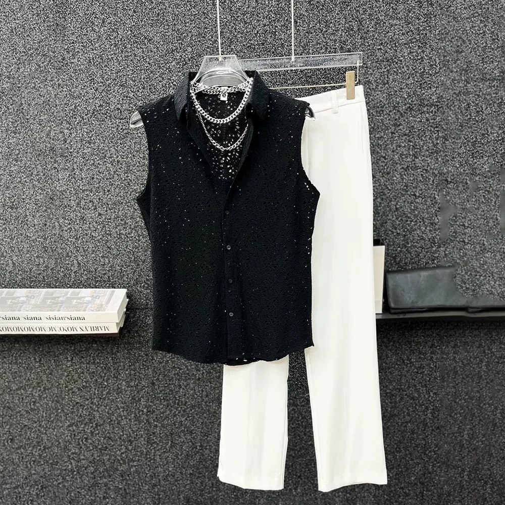 

Men's Solid Color Hollow Sleeveless Shirt American Retro Fashion Trend Street Casual Loose Breathable Niche Summer Men's Tops