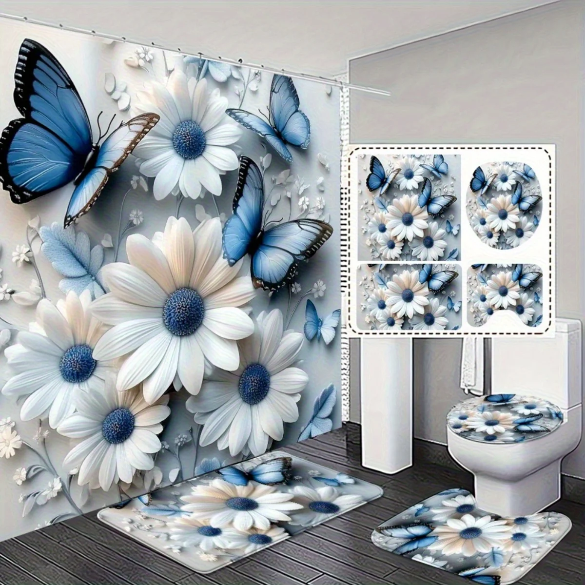 

4-piece stylish and simple blue butterfly and daisy flower bathroom shower curtain set with matching rug and toilet seat
