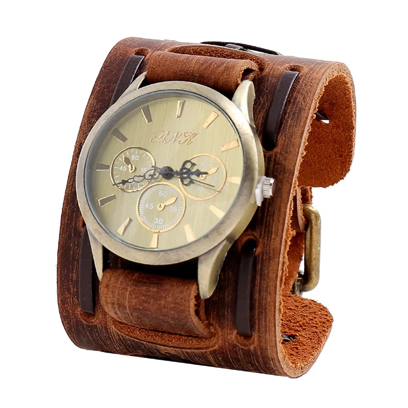 Vintage Men's Watch Woven Cowhide  Big Dial Bracelet Watch Wide Band Punk Men's Watch Bracelet PU Leather Strap Reloj Hombre