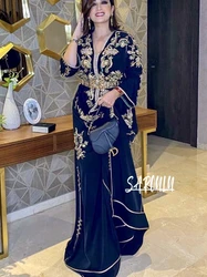 Caftan A-line Evening Dresses Women Graceful V-neck Beaded Belt Bridal Dress Kaftan Appliques Customized Gown Robe De Mariée