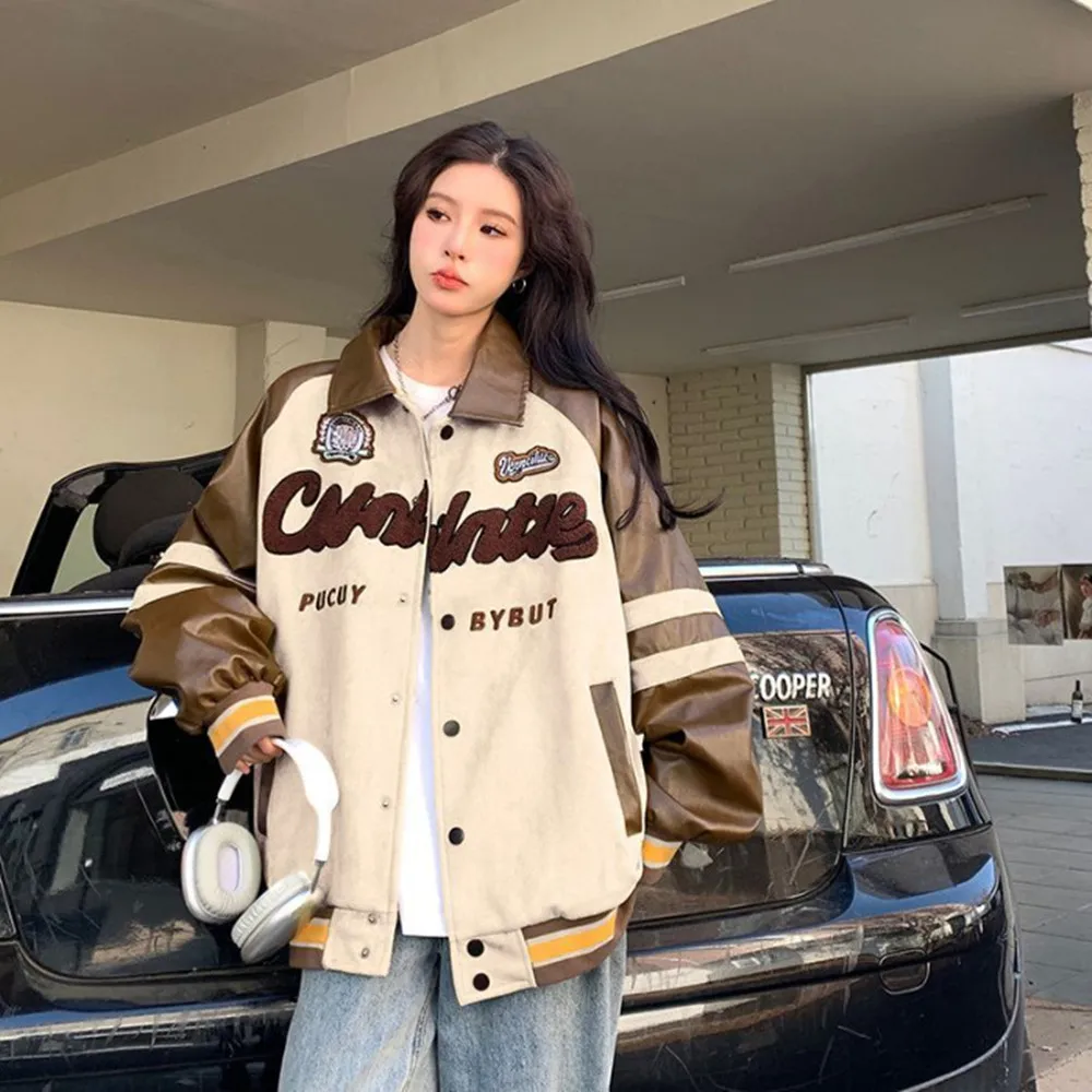 Sweet Floral Collar Trendy Full Sleeve Jacket For Women Autumn Oversize Baseball Loose  Leather American Style Women's Coat