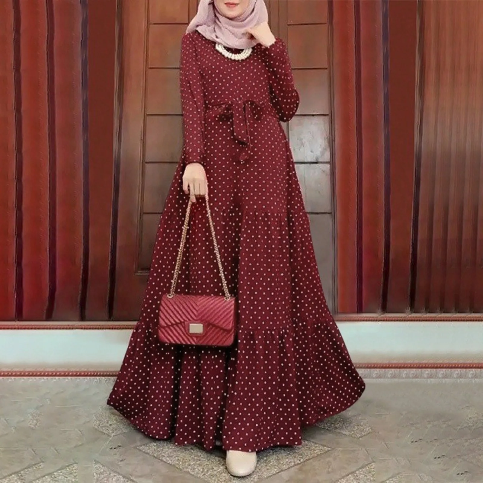 Women\'s Vintage Dress Femme Robe Maxi Dress Mulsim Dubai Turkey Hijab Abaya Sundress Polka Dot Printed Islamic Ramadan