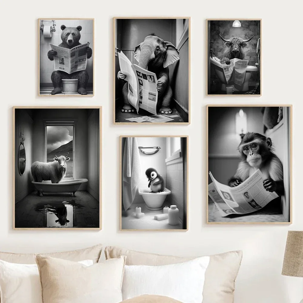 

Cute Monkey Bathroom Art Wall Poster, Funny Prints, Toilet Humor Flight, Animal Reading Canvas Painting, Kids Room Toilet, Home