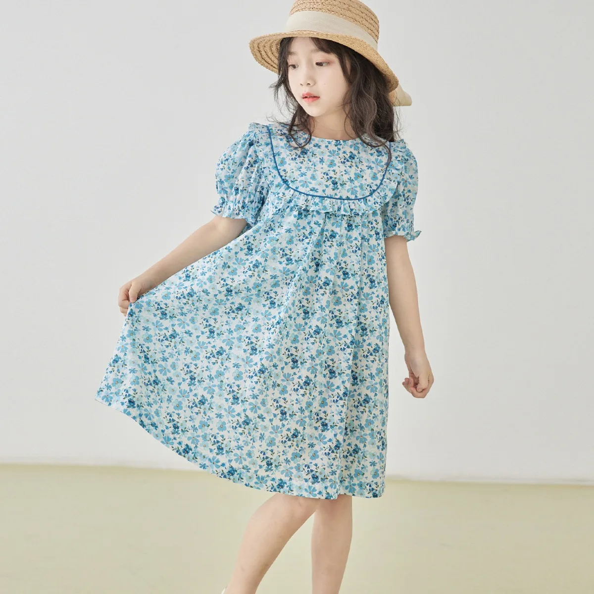 JUCPKID Korean Summer Junior Girl One-piece Dress Children Girl Floral  Bubble Sleeve Dress School Girl Sweet Princess Dress