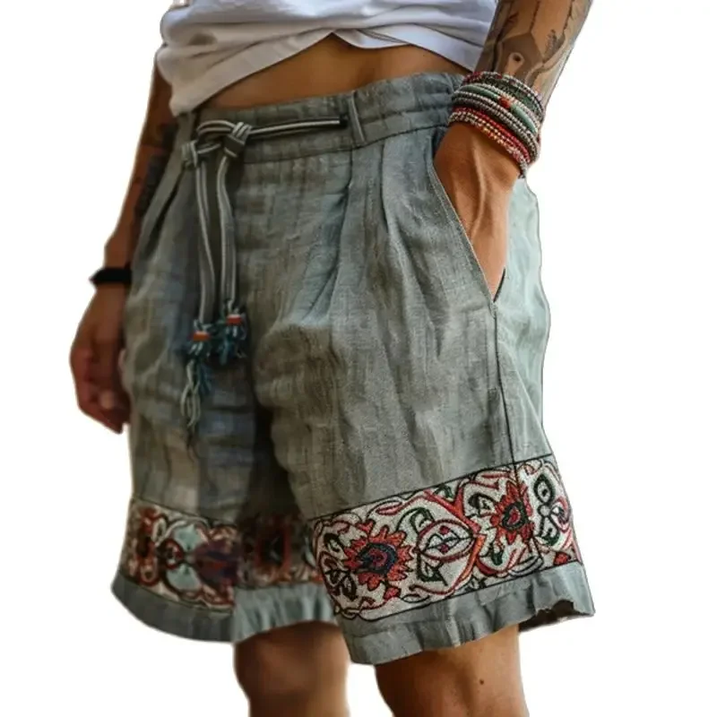 Casual Lace-up Drawstring Mens Shorts Summer Daily Leisure Breathable Loose Shorts Men Vintage Florals Printed Patchwork Shorts