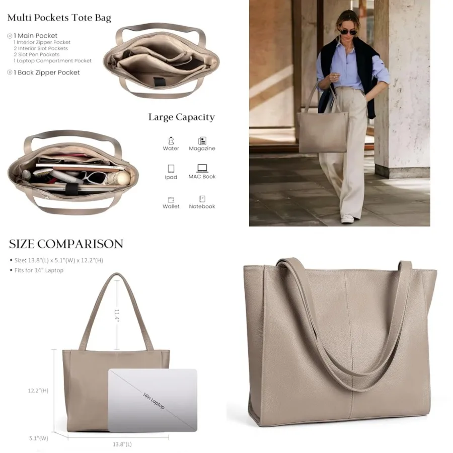 

befen Genuine Leather Zipper Tote Bag for Women Work with Laptop Compartment, Women's Leather Shoulder Purse Satchel Handbags
