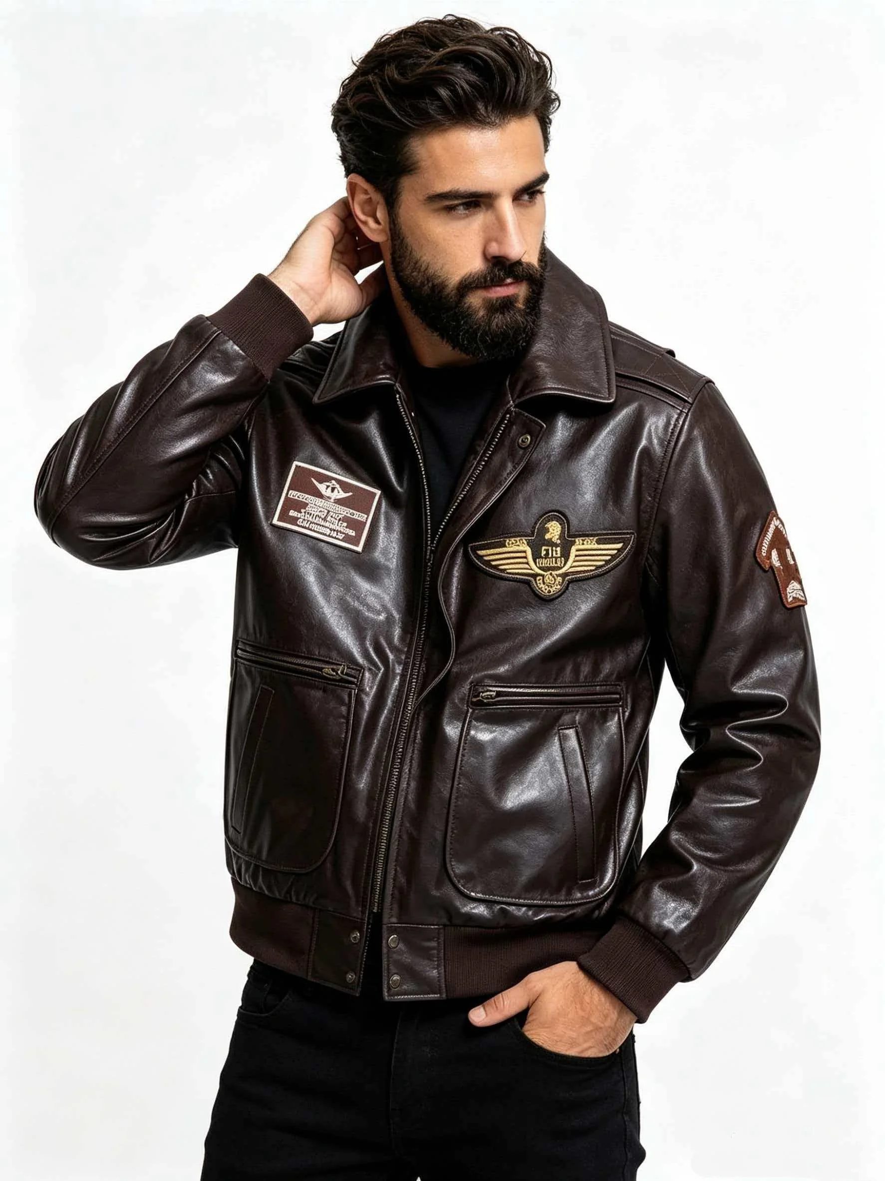 Men's Genuine Leather Military Flight Jacket | Real Leather Embroidered Patches G-1 Bomber Pilot High-Gloss Oil-Wax Brown