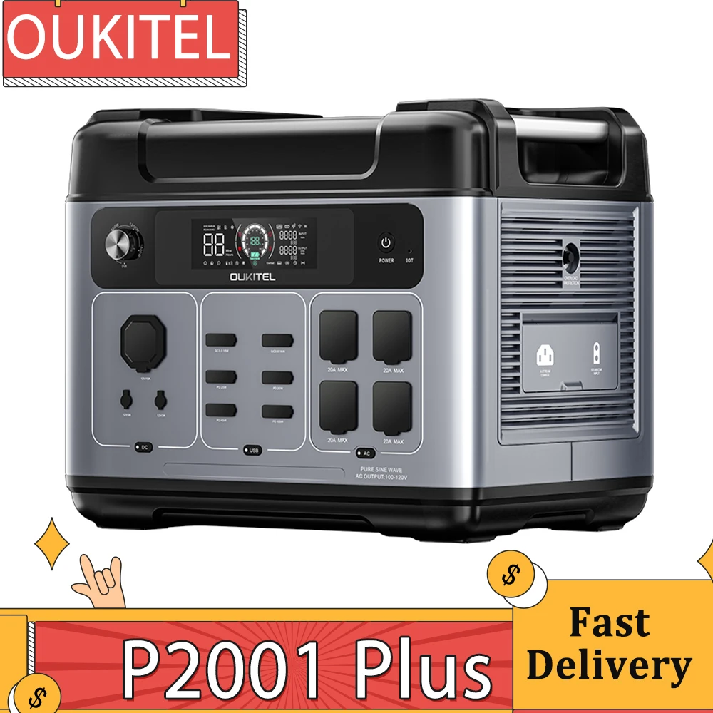 OUKITEL P2001 플러스 휴대용 발전소, AC 출력 2400W, 2048Wh, LiFePO4 배터리, 13 콘센트, 80% 충전, 1 시간 스마트 앱 제어
