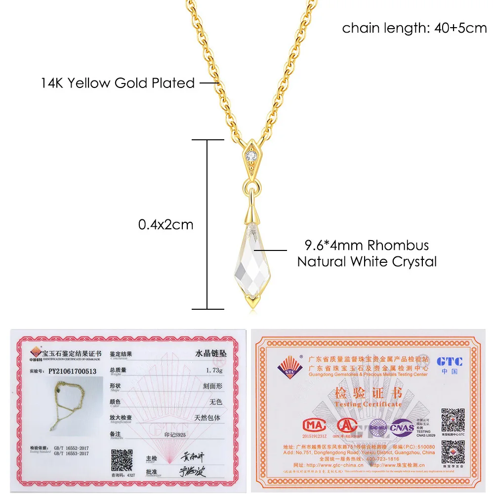 LAMOON Vintage Clear Crystal Pendant Long Necklac For Women 925 Sterling Silver 14k Gold Plated Fine Jewelry Wedding NI144
