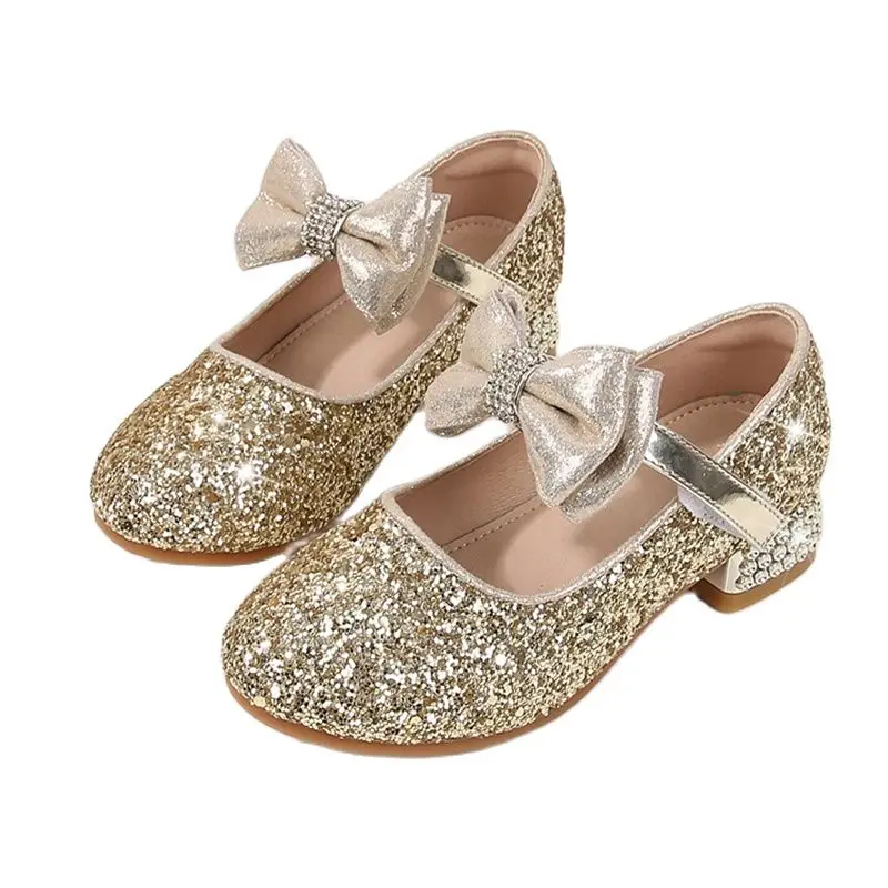 

Spring Autumn Fashion Children Leather Shoes Glitter Bow Kids Girls Gold Heel Shoes Girl Princess Dress Shoes For Party Wedding