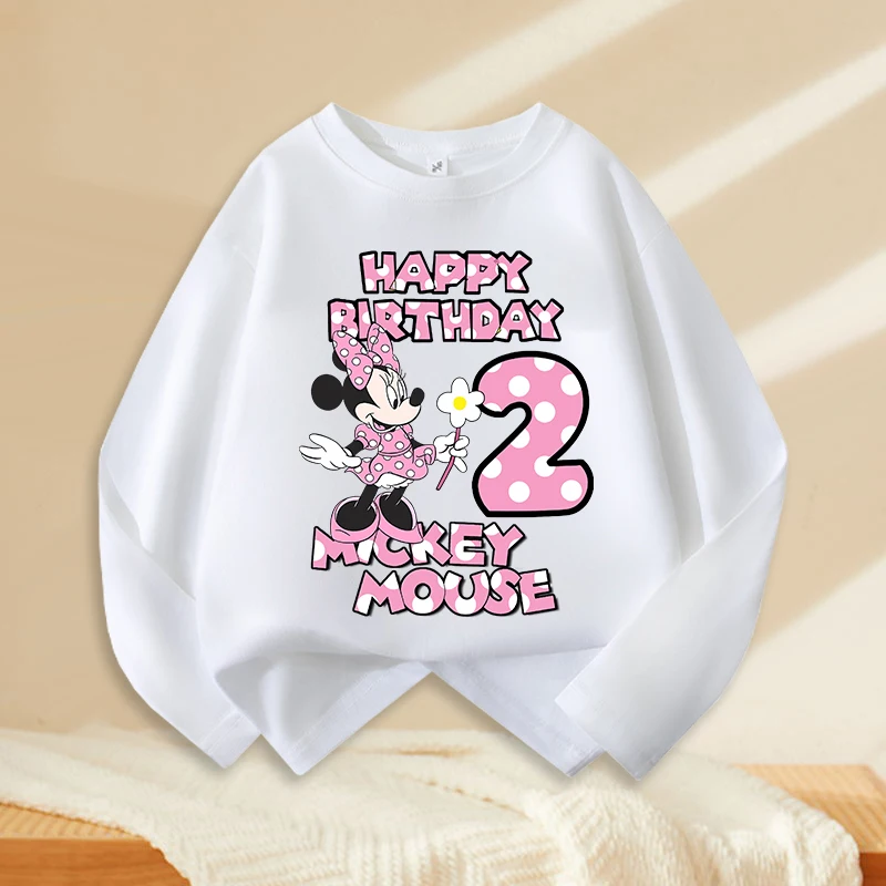 Mickey Minnie Mouse Number T-shirt Long Sleeves Cotton Girls Clothes Personalized Casual Cute Kids Birthday Tops Fashion Toddler