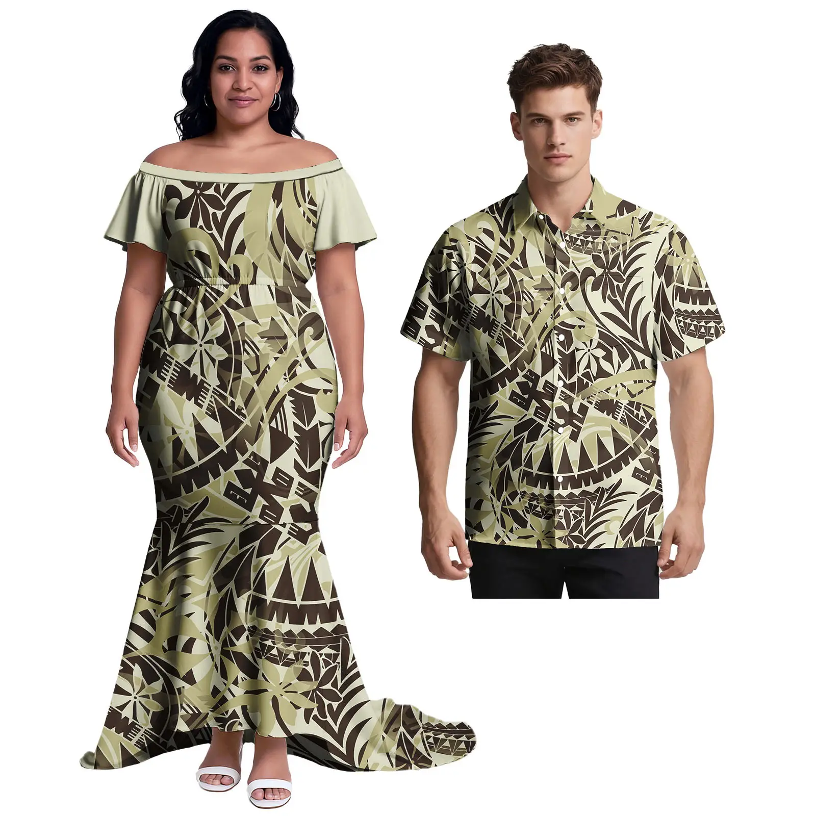 Monstera ليف الباردة الكتف النساء فستان الرجال ألوها تي شيرت هاواي ملابس مخصصة ساموا بولينيزيا زوجين عادية 2 الأسعار مجموعات #3