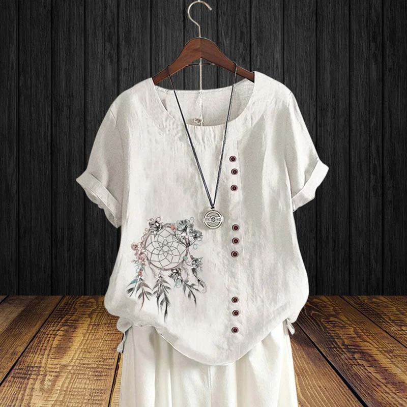 Fashion Ladies Summer Dream Catcher Print Short Sleeve Round Neck Shirt Cotton Linen Solid Color Button Top Loose T-Shirt XS-5XL