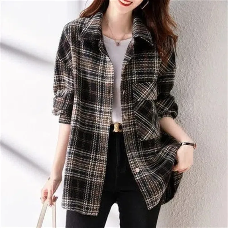 Fashion Long Sleeve Sanding Plaid Shirts Female 2023  Spring Autumn Casual Women's Shirt Jackets Mid-Length Thin Coat Tops