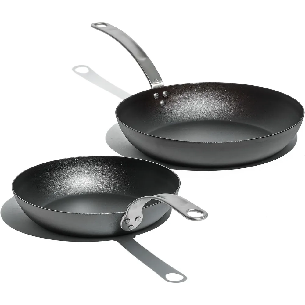 

Professional 2-Piece Seasoned Carbon Steel Frying Pan Set (10 and 12 Inch) - Superior to Cast Iron Cookware