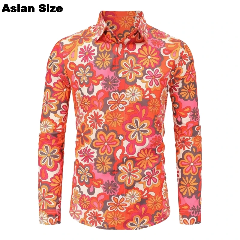 2025 nuevo traje Vintage de flores de Hip Hop de los años 80 para hombre, camisa de manga larga con estampado Vintage, disfraz de fiesta Disco para Festival, Carnaval, Tops