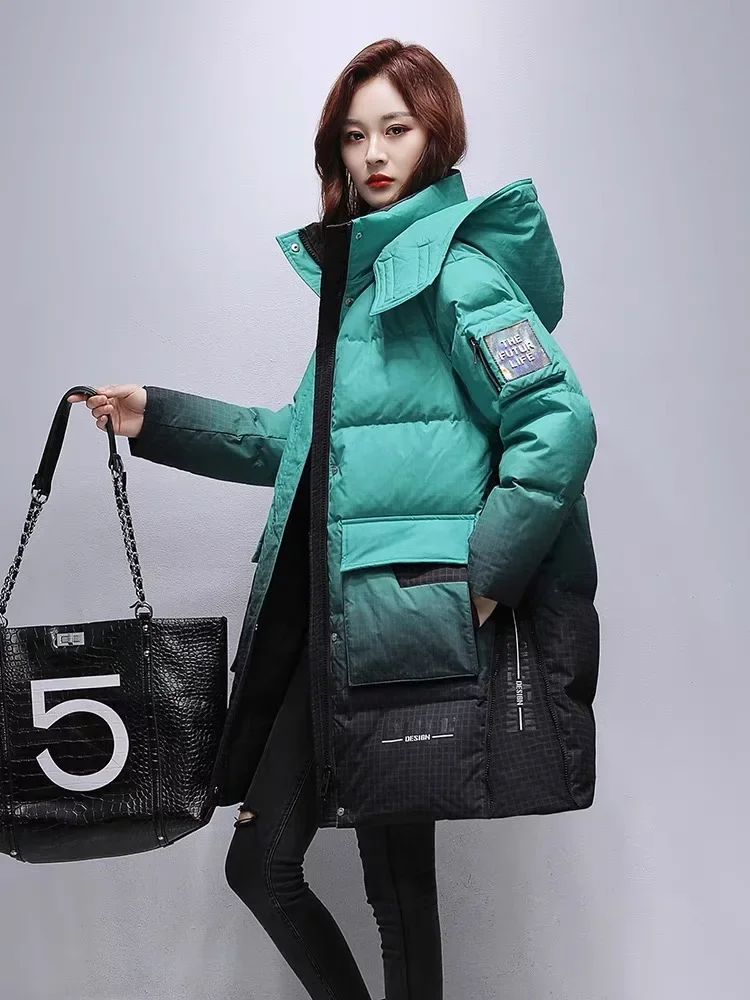 Winter Jackets Woman White Duck Down Thickened Warm Medium-length Down Jacket Gradient Color Design Fashion Hooded Puffer Jacket