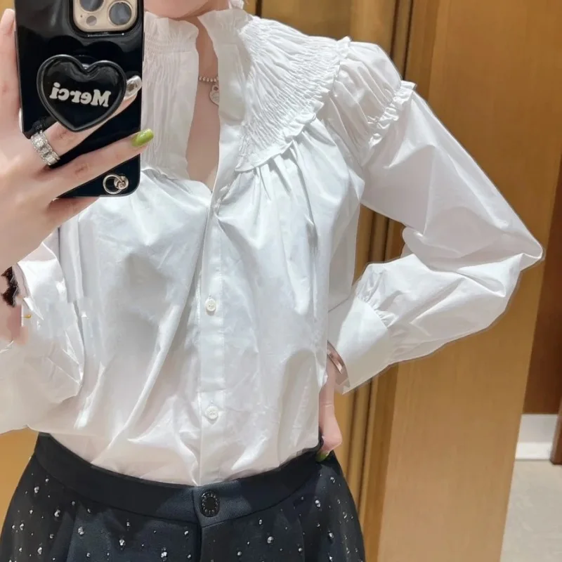 

Romantic Lace Collar irt Versatile White Cotton Bubble Sve Long Length Straight Cut Sweet Sle Early Autumn New Arrival