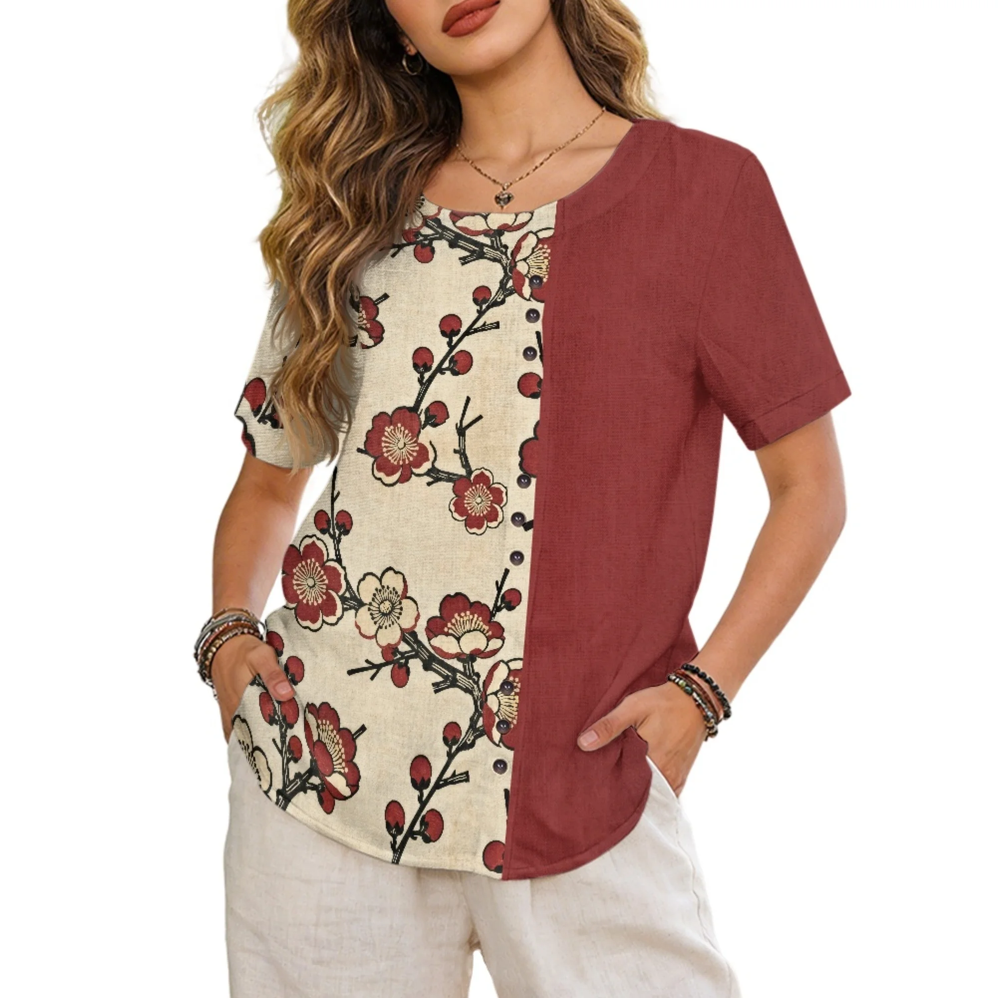 INSTANTARTS Women's Linen Short-Sleeved Shirt Womens Graphic Short Sleeve Linen T Shirts Tops for Women Crew Neck Tee Top S-3XL