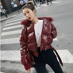 2023 New Glossy Down Jacket Female Short Thick Fashion Lamb Fur Collar Slimming Premium Jacket