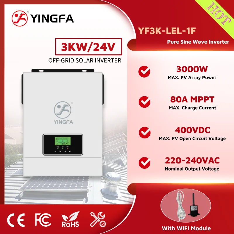 

YINGFA 3kW 24V 220V Solar PV Inverter Single Phase 3.2KVA MPPT 80A Off-Grid European Standard Low Voltage Energy Storage Hybrid