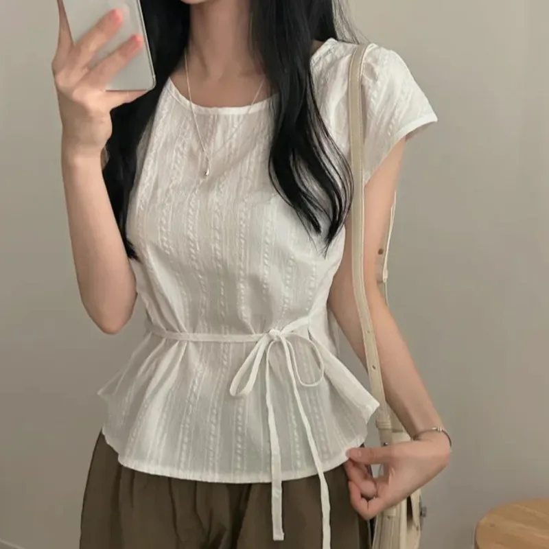 Koreaanse Chic Grid Tops & Tees Zomer Y2K Retro Niche Design Temperament Modieus Casual Ronde Hals Onesize Trekkoord Shirt Nieuw