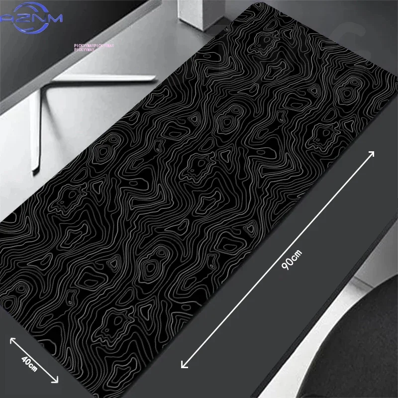Black White Topographic Contour Line Extended Mousepad, Non-Slip Rubber Base Large Desk Mat, Smooth Surface for Gaming Office De