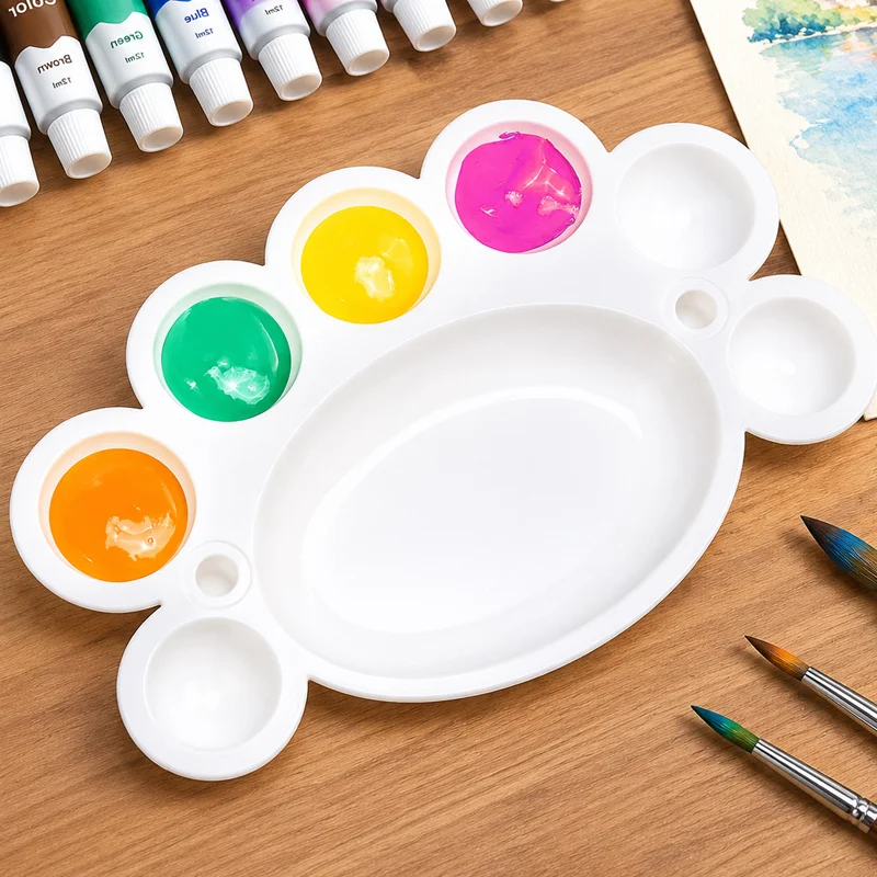 1/2 Pcs Paw Shape Paint Palette Round Wells White Plastic Tray Center Mixing Area Small Large Art Palette Watercolor Acrylic TMZ