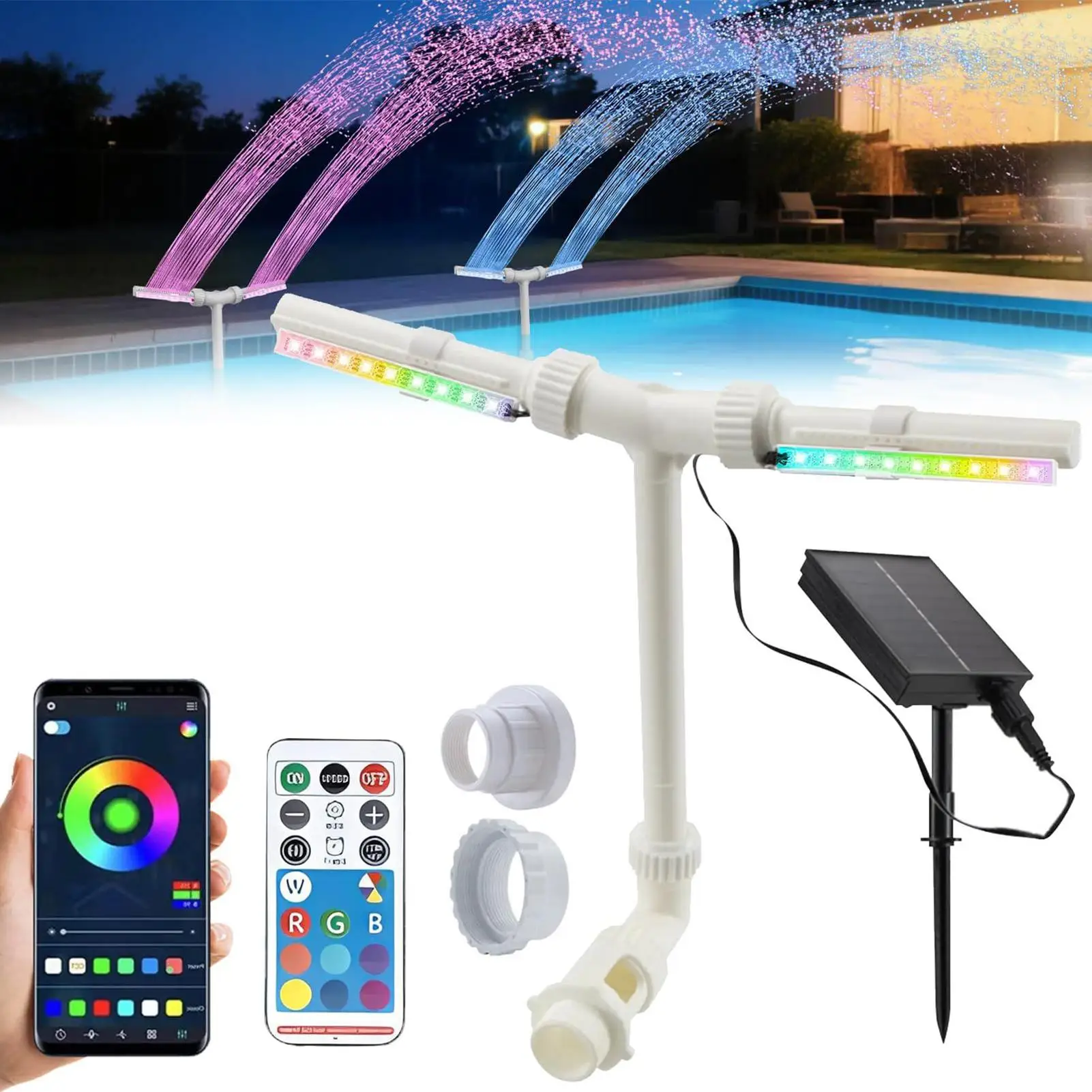 

Солнечный бассейн Фонтан с двойным распылением и водопадом с дистанционным управлением и регулируемым 7-цветным светодиодным светом Плавающий солнечный фонтан для бассейна