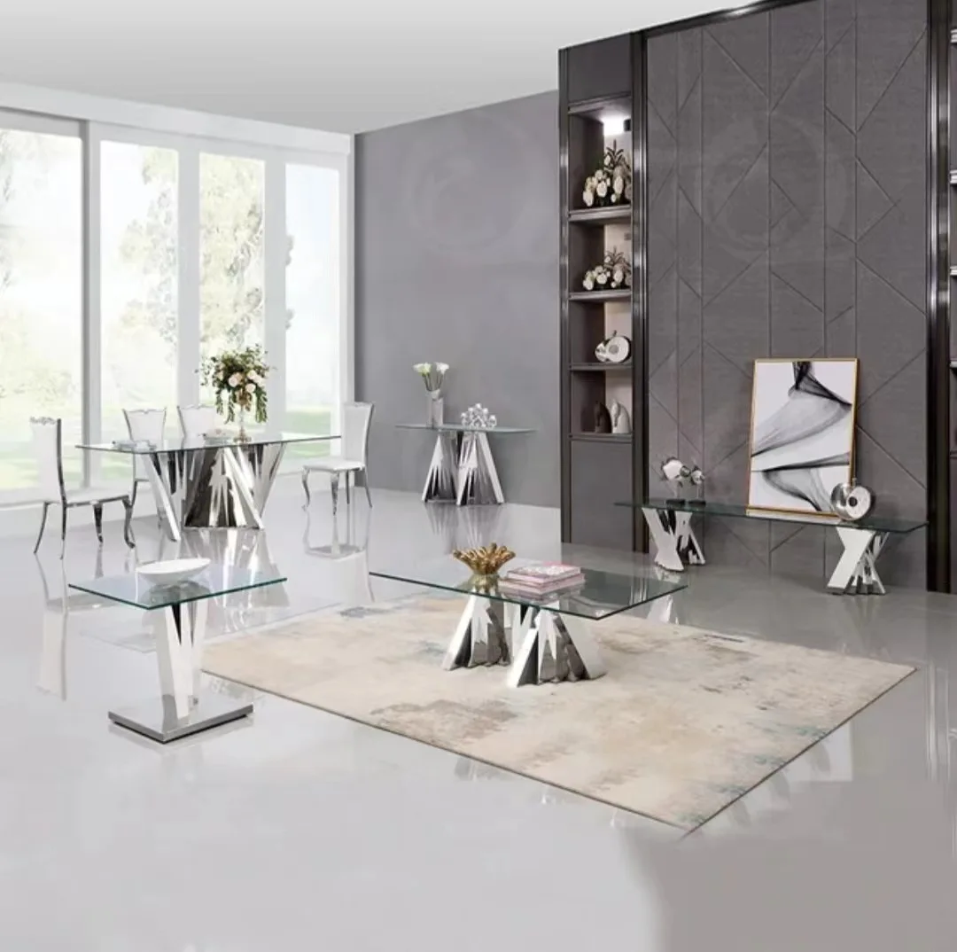 Home stainless steel primary color tempered glass surface dining table entrance coffee table corner table set