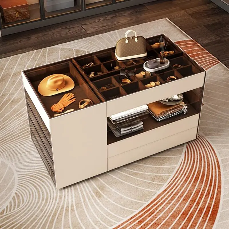 Italian Style Center Island Cabinet Walk in Closet Glass Top Display Storage Customizable Bedroom Home