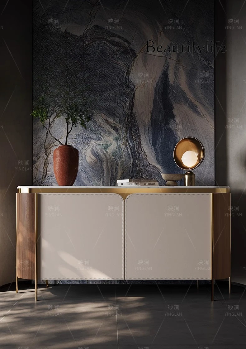 

The entrance cabinet is opposite the door, modern light luxury high-end living room, marble Italian wall decoration cabinet