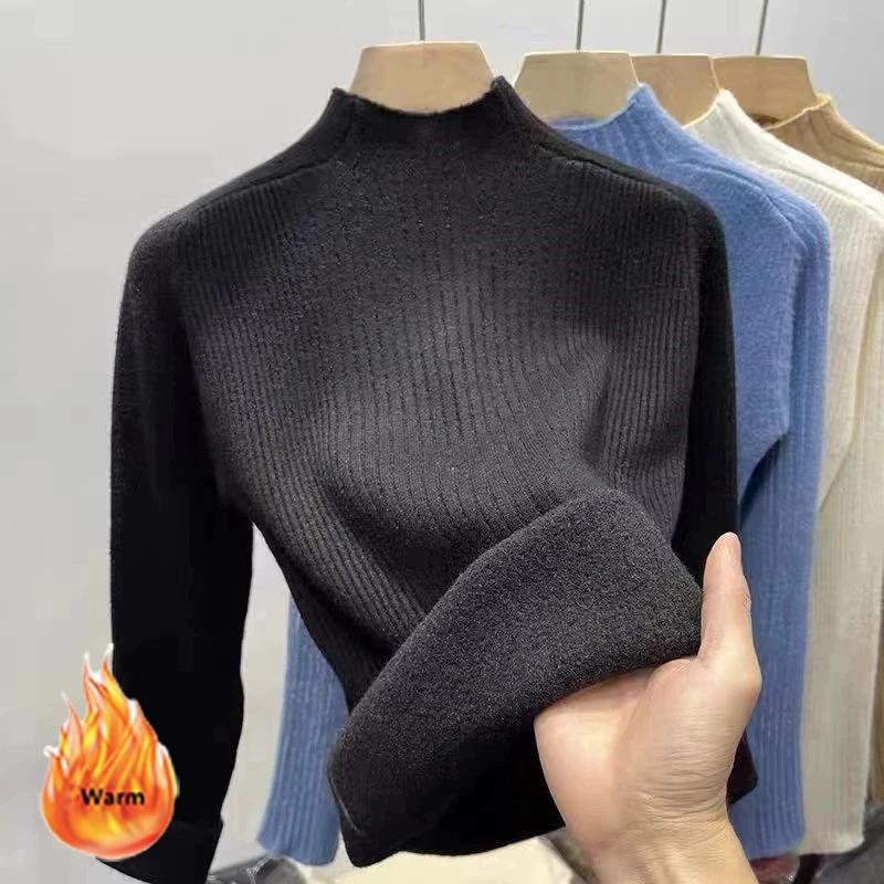 Plush Velvet Sweater Women Solid Half High Collar Knitted Pullover Soft Autumn Winter Knitwear Top All-Match Christmas Sweater