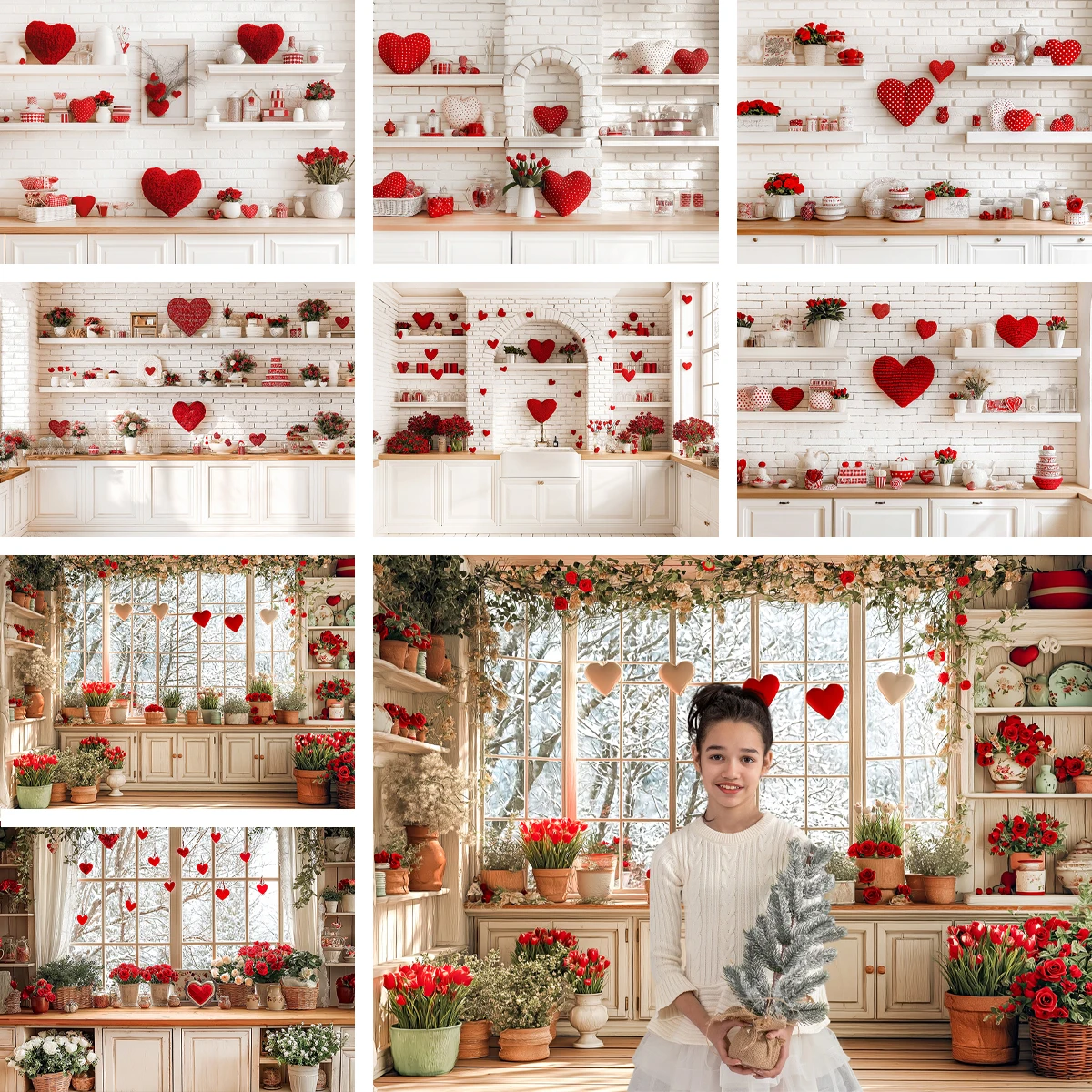 

Roses Heart-Shaped Valentine's Day Kitchen Backdrops Child Baby Photo Props Adult Kids Decors Photography Studio Backgrounds