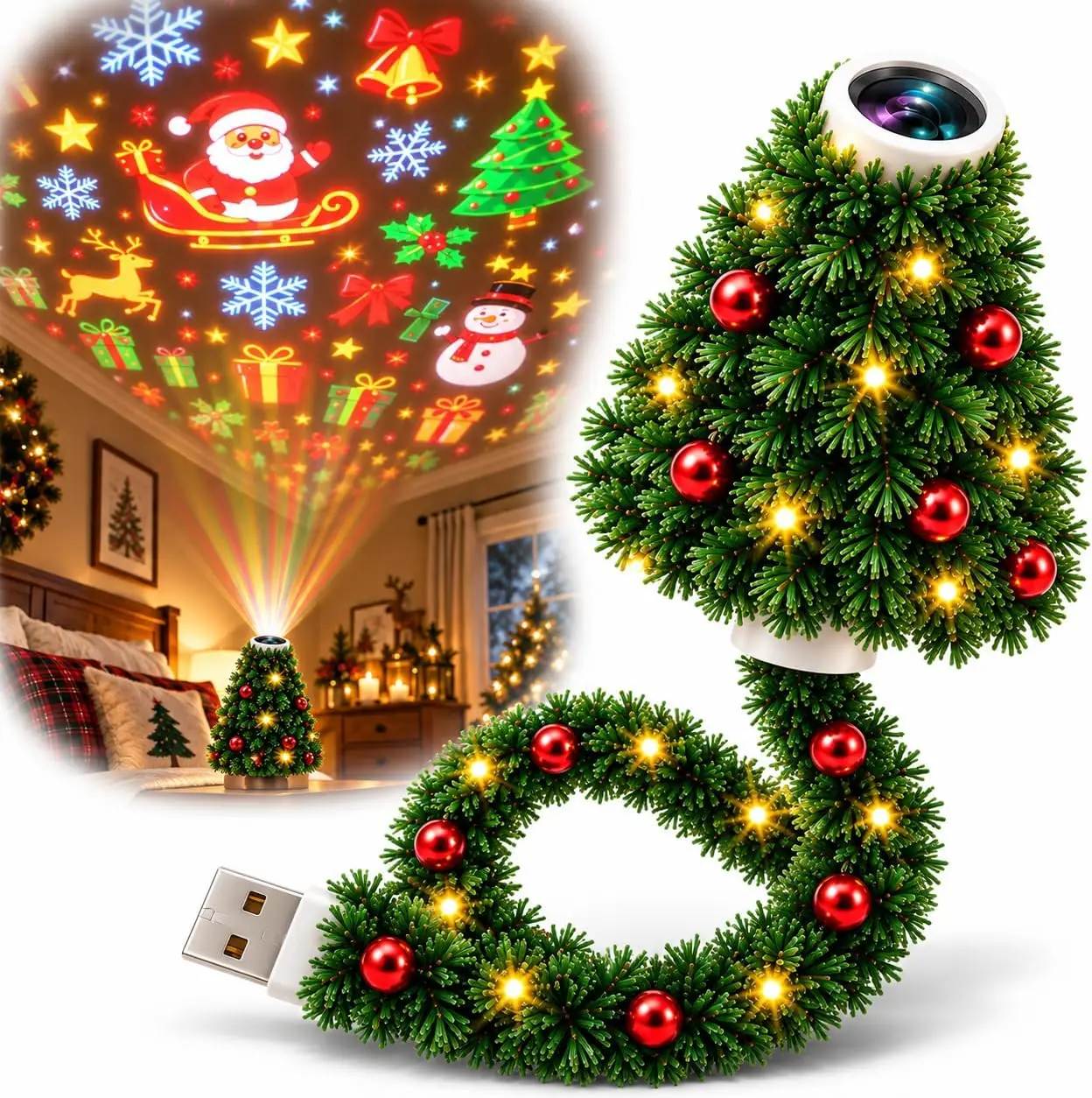 Plug and Play Christmas Tree Ceiling Projector, USB Flexible Tree Lamp 6 Festive Projection Scenes, Flexible Tree-Inspired Body