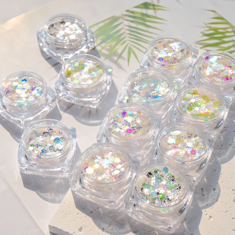 12 Colors Iridescent Mermaid Glitter Flakes Net-2g*12 3D Star Hexagon Chunky Nail Sequins Mixed-size Face/Bady/Manicure Sequins