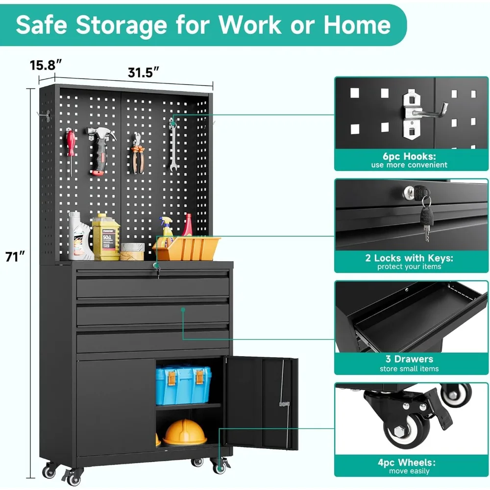 Gabinete de almacenamiento de metal con cerradura rodante con cajones para garaje, gabinete de herramientas resistente con ruedas, Sto de resistencia industrial negro