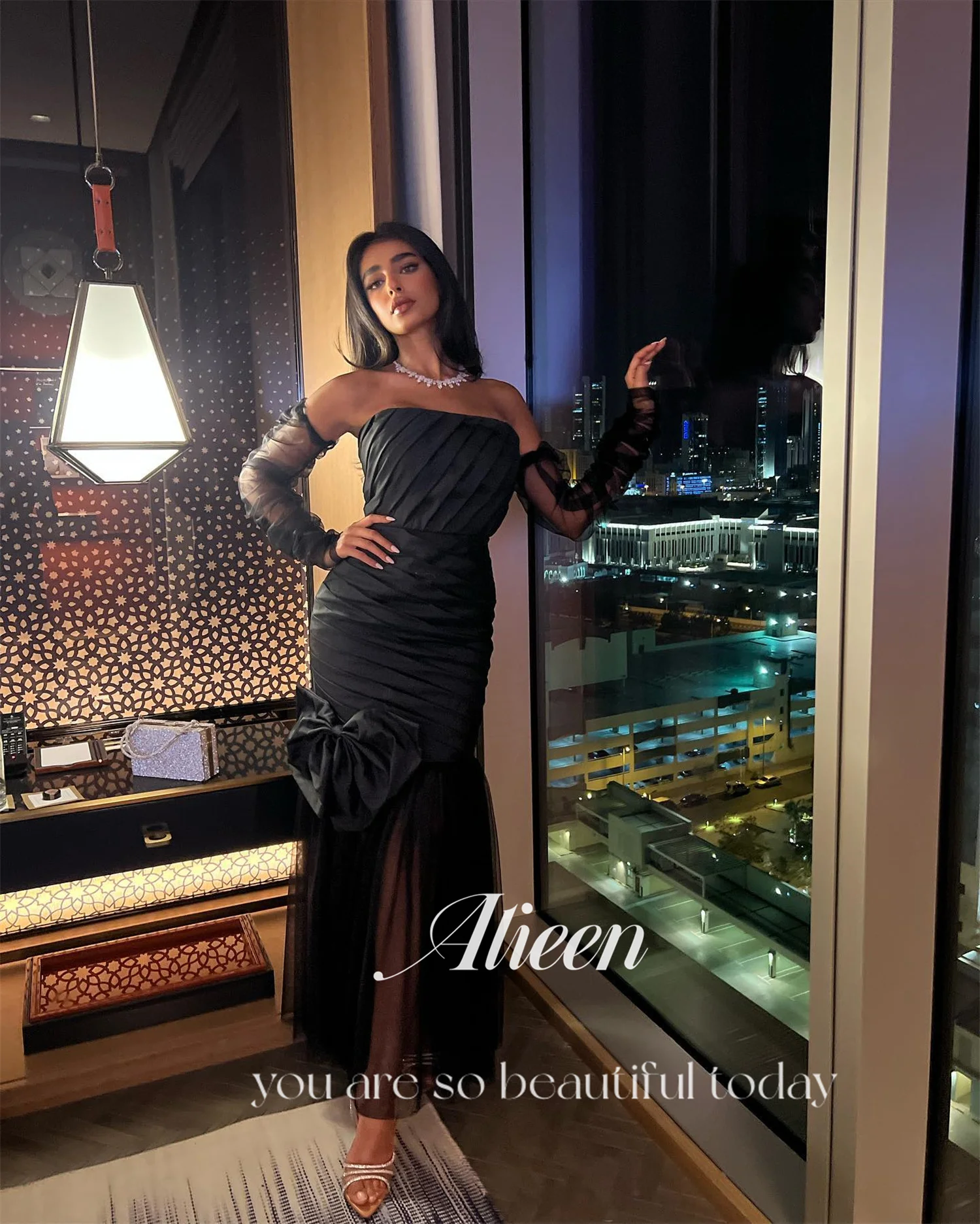 Aileen Damen-Abendparty-Kleider für besondere Anlässe, schwarzer Satin, lange Ballkleider, luxuriöse Vestidos De Festa فسات Cosa •Мة