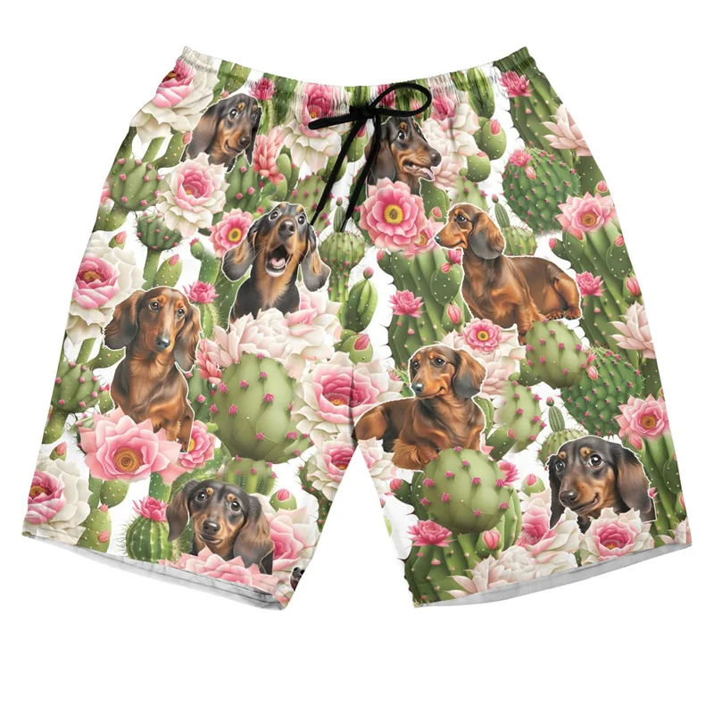 3D Printed Funny Dachshund Beach Shorts For Men Cactus Flower Leaves Pattern Short Pants Hawaiian Casual Streetwear Swim Trunks