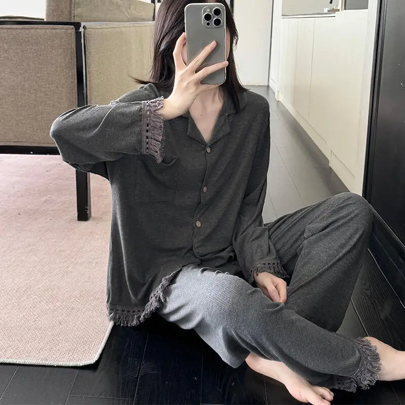 

Горячая новинка 2026: Весенне-осенний женский домашний комплект из модала с длинными рукавами и бахромой – мягкий, комфортный, модный, повседневный, свободного кроя