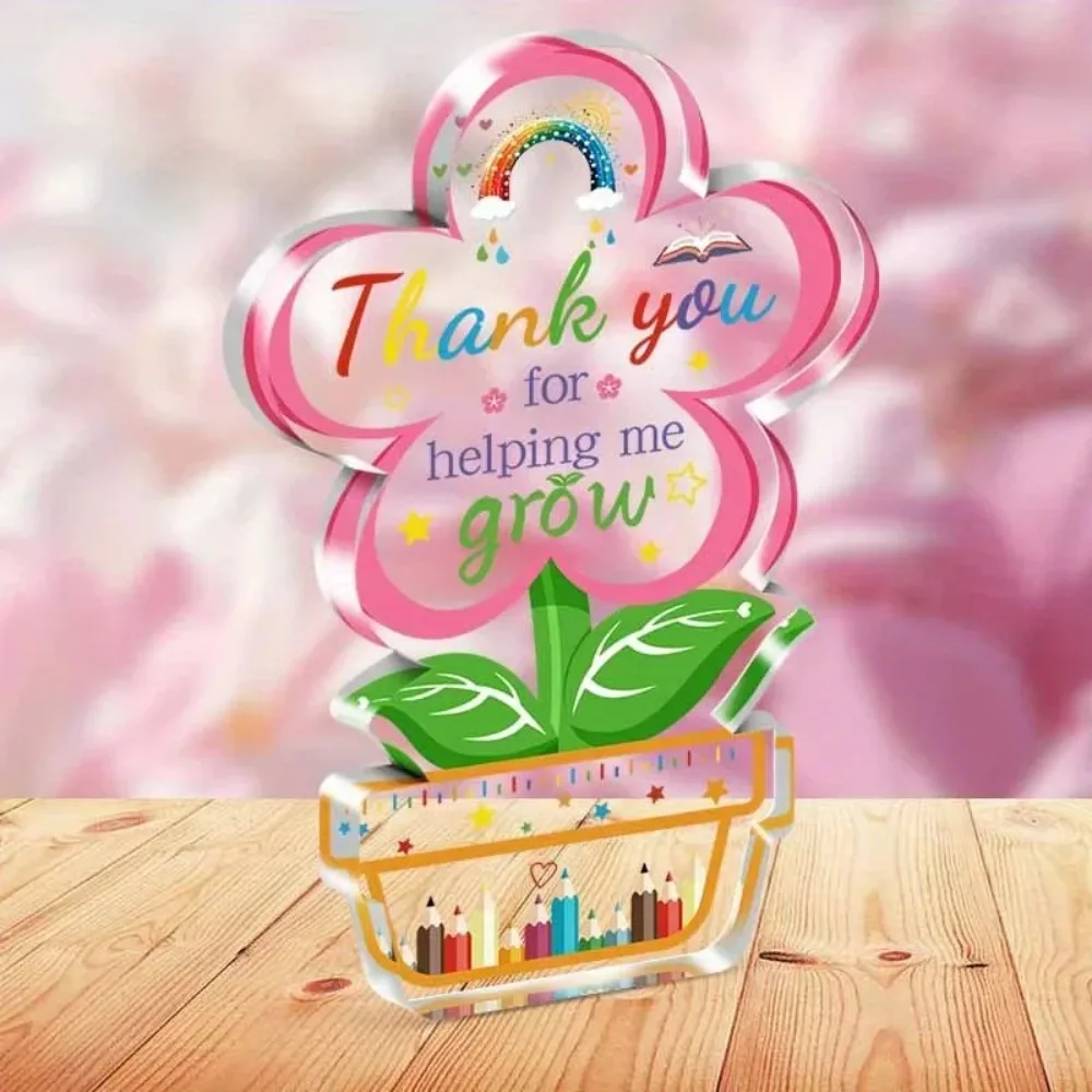 1Pc 2D Flat Acrylic Flower Pot Sign Desktop Ornament Teachers Day Appreciation Gift Teacher Table Decor Thank You Souvenir